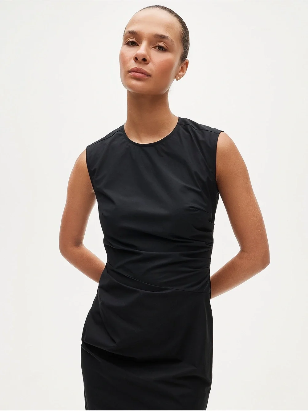 NWT J.Crew Ruched Midi Dress Stretch Cotton Poplin Black Size 6 Wedding Guest